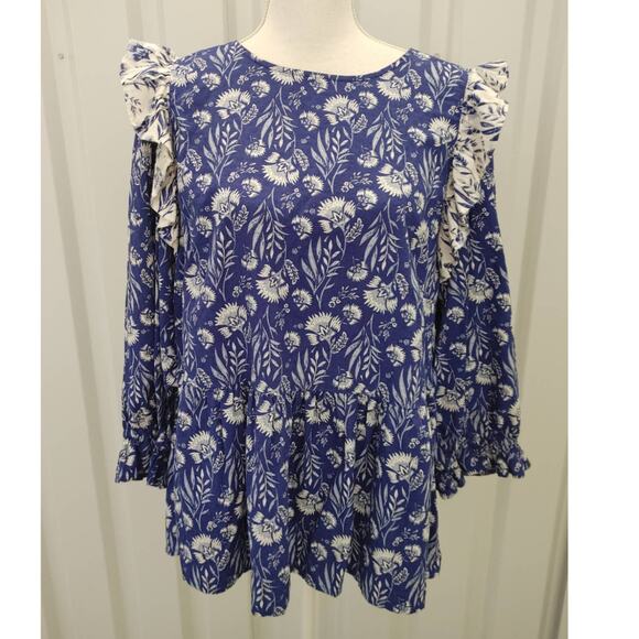 Universal Thread Ruffled Long Sleeve Peplum Top Floral Boho Blue XL - Picture 2 of 6